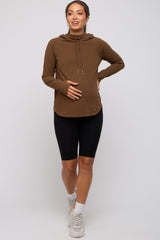 Brown Hooded Long Sleeve Maternity Active Top