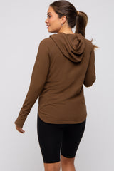 Brown Hooded Long Sleeve Maternity Active Top