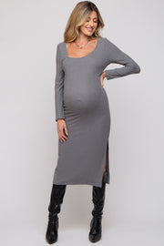 Charcoal Ribbed Side Slit Maternity Midi Dress