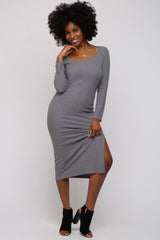 Charcoal Ribbed Side Slit Midi Dress