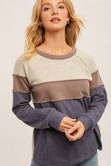 Oatmeal Brown Navy Color Block Soft Sweatshirt