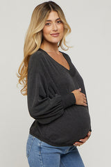 Black Ribbed V-Neck Cropped Maternity Sweater