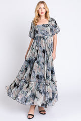 Black Floral Puff Sleeve Maternity Maxi Dress