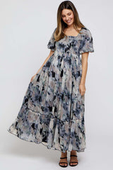 Black Floral Puff Sleeve Maternity Maxi Dress