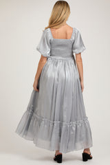 Silver Satin Square Neck Short Puff Sleeve Maternity Maxi Dress