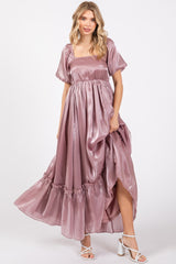 Mauve Satin Square Neck Short Puff Sleeve Maxi Dress