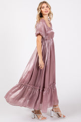 Mauve Satin Square Neck Short Puff Sleeve Maxi Dress