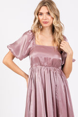 Mauve Satin Square Neck Short Puff Sleeve Maxi Dress