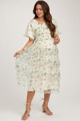 Cream Floral Tulle Smocked Ruffle Tiered Maternity Midi Dress