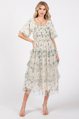 Cream Floral Tulle Smocked Ruffle Tiered Midi Dress