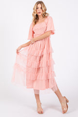 Light Pink Dot Smocked Ruffle Tiered Midi Dress