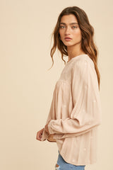 Light Taupe Lace Inlay Embroidered High Neck Blouse