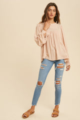 Light Taupe Lace Inlay Embroidered High Neck Blouse