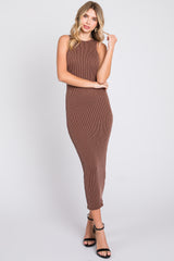 Brown Ribbed Maternity Fitted Midi Dress