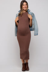 Brown Ribbed Maternity Fitted Midi Dress