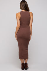 Brown Ribbed Maternity Fitted Midi Dress