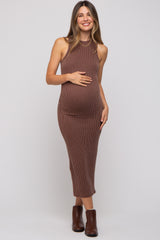 Brown Ribbed Maternity Fitted Midi Dress