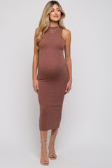 Mocha Ribbed Maternity Fitted Midi Dress