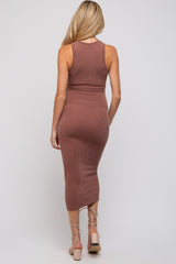 Mocha Ribbed Maternity Fitted Midi Dress