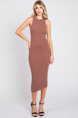 Mocha Ribbed Maternity Fitted Midi Dress