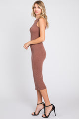 Mocha Ribbed Fitted Midi Dress