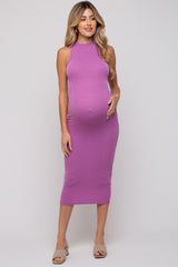 Magenta Ribbed Maternity Fitted Midi Dress