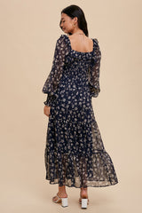 Navy Blue Floral Ruffle Square Neck Smocked Maxi Dress