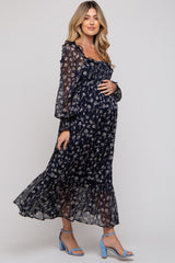 Navy Blue Floral Ruffle Square Neck Smocked Maternity Maxi Dress