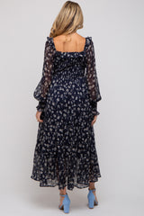 Navy Blue Floral Ruffle Square Neck Smocked Maternity Maxi Dress