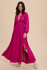 Magenta Deep V-Neck Smocked Waist Maxi Dress