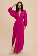 Magenta Deep V-Neck Smocked Waist Maxi Dress