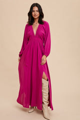 Magenta Deep V-Neck Smocked Waist Maxi Dress