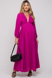 Magenta Deep V-Neck Smocked Waist Maternity Maxi Dress