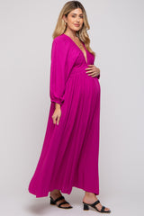 Magenta Deep V-Neck Smocked Waist Maternity Maxi Dress