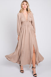 Beige Deep V-Neck Smocked Waist Maxi Dress