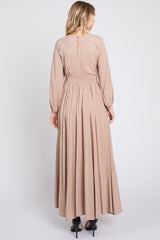 Beige Deep V-Neck Smocked Waist Maxi Dress