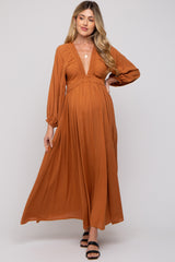 Camel Deep V-Neck Smocked Waist Maternity Maxi Dress