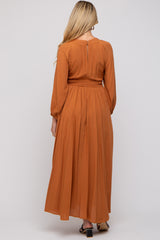 Camel Deep V-Neck Smocked Waist Maternity Maxi Dress