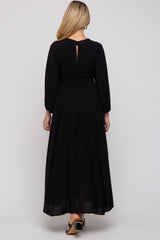 Black Deep V-Neck Smocked Waist Maternity Maxi Dress