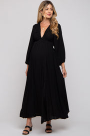 Black Deep V-Neck Smocked Waist Maternity Maxi Dress