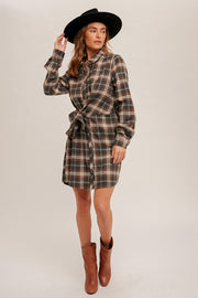 Brown Plaid Waist Tie Mini Button Down Shirt Dress