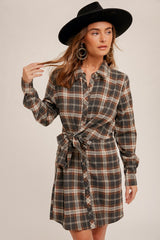 Brown Plaid Waist Tie Mini Button Down Shirt Dress