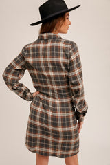 Brown Plaid Waist Tie Mini Button Down Shirt Dress