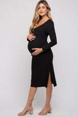 Black Ribbed Side Slit Maternity Midi Dress