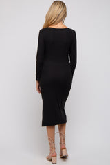 Black Ribbed Side Slit Maternity Midi Dress