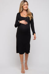 Black Ribbed Side Slit Maternity Midi Dress