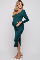 Forest Green Ribbed Side Slit Maternity Midi Dress