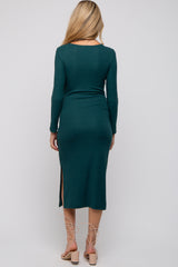 Forest Green Ribbed Side Slit Maternity Midi Dress