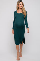 Forest Green Ribbed Side Slit Maternity Midi Dress