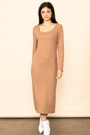 Camel Ribbed Side Slit Midi Dress